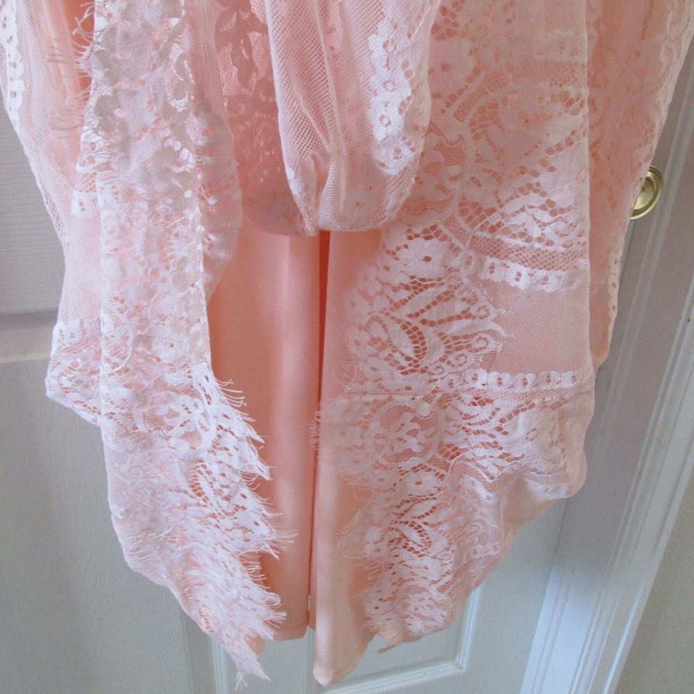 Long Flowy Maxi Dress Womens Peach Orange Short Sleeve Flared V Neck Zip Up Back - Picture 6 of 12